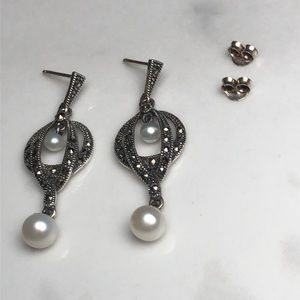 Sterling silver Pearl drop earrings with marcasite‎